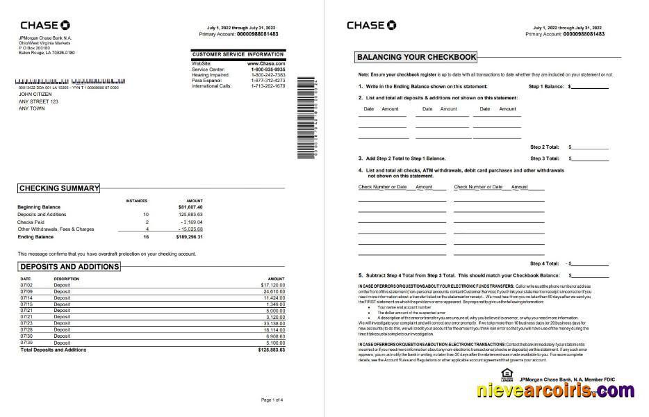 USA Chase bank statement Word and PDF, 4 pages